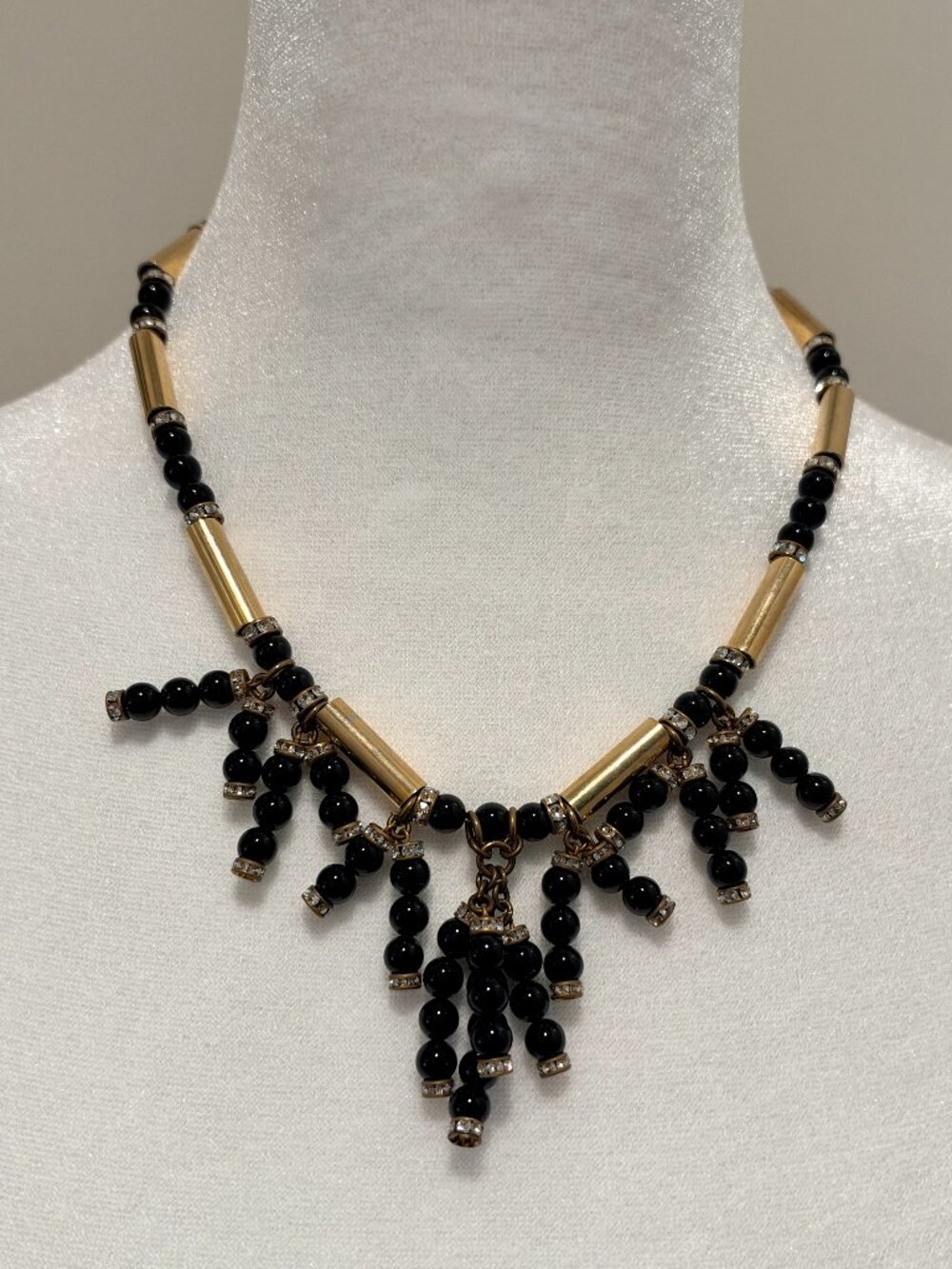 Lulu Frost Black Bead Crystal Fringe Statement Necklace Gold Tone
